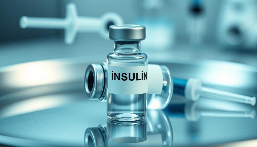a high-resolution, photorealistic image of a glass vial filled with a clear liquid, with a metal cap and label prominently displaying the word "INSULIN". The vial is placed on a reflective, steel medical tray, with a syringe and other medical equipment visible in the background. The lighting is soft and diffused, creating a clean, clinical atmosphere. The composition emphasizes the central role of insulin in regulating blood sugar levels, conveying a sense of its importance in maintaining hormonal balance.